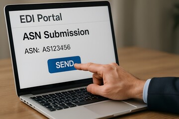 A person submitting ASN (Advanced Shipping Notice) via laptop, symbolizing digital data entry