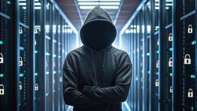 A figure in a hoodie stands in a server room, with a hood covering their face, symbolizing anonymity and cybersecurity themes. - Powered by Adobe