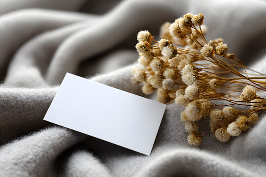 Cozy autumn card mockup on soft beige fabric with dried flowers. Perfect for warm seasonal branding, nature-inspired promotions, or minimalist product display.