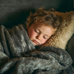 Peaceful Child Sleeping Soundly in Cozy Blanket on Soft Surface