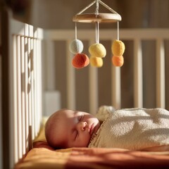 Peaceful sleeping baby under colorful mobile in cozy nursery setting