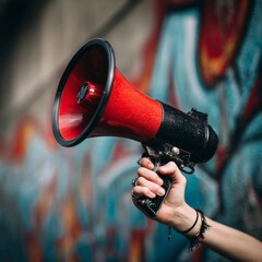 Person Holding Red Megaphone Against Colorful Urban Mural Background