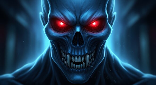 Terrifying skull face with glowing red eyes and blue aura