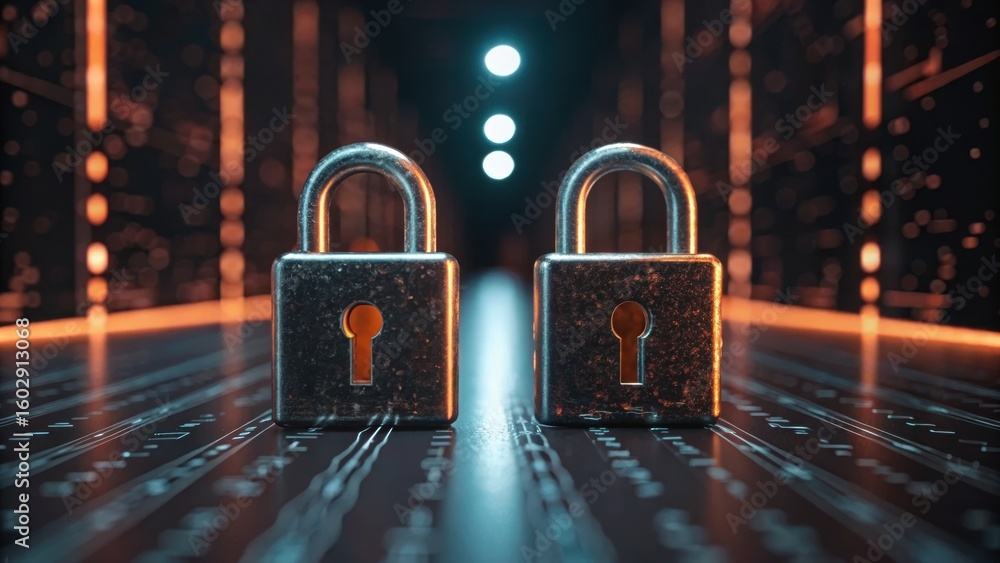 Poster two metallic locks stand prominently in a digital landscape filled with glowing lines, symbolizing s