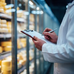Person with Clipboard Inspecting Cheese Selection in Grocery Store