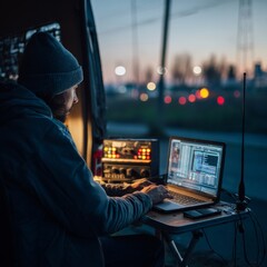 Person working on laptop at night in van with city lights in background