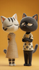 Kawaii Cat Couple in Vintage Clothing Looking Grumpy