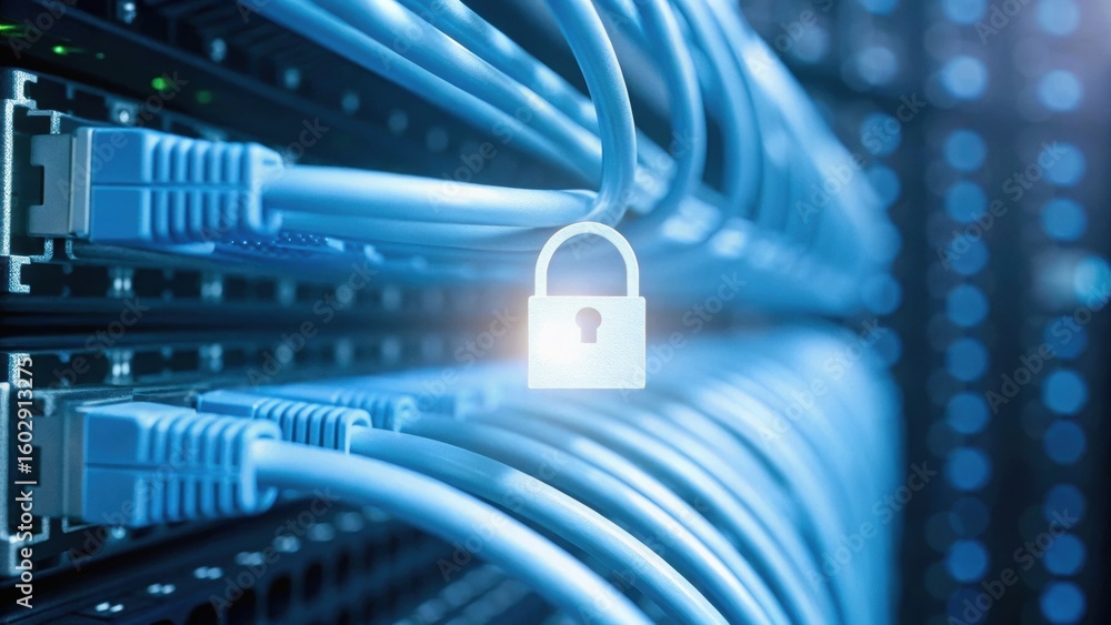 Aufkleber data cables with a padlock symbolizing network security and protection in a digital environment.