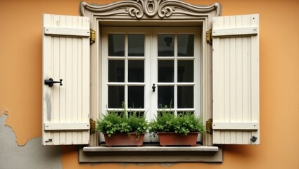 Fototapeta premium White shutters and a window with plants on a peach-colored wall.