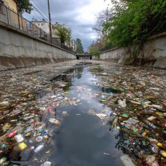 Pollution in Urban River with Trash and Debris Under Cloudy Sky
