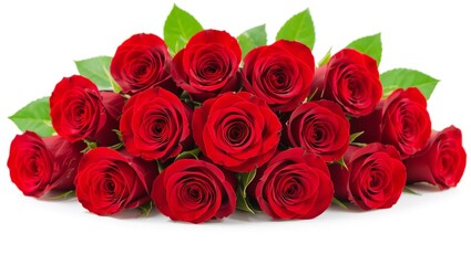 Obraz premium Stunning bouquet of vibrant red roses with lush green leaves, perfect for expressing love and passion