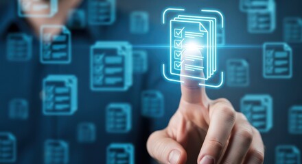 Caucasian man is touching a digital checklist with neon glowing effect documents icon