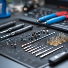 Precision Tools and Fasteners Organized on a Workbench Mat