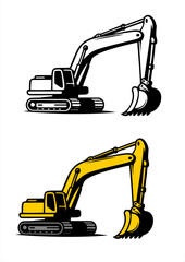 Detailed Black and White Illustration of a Hydraulic Excavator in Side View for Construction and Heavy Equipment Design