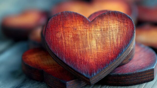 Beautifully crafted wooden heart shapes arranged on a rustic table
