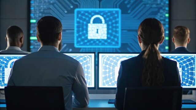 Team of professionals analyzing cybersecurity data on monitors, focusing on digital security and protection measures.