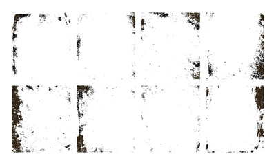 Distressed vintage grain overlay with realistic grunge texture and paint frame. Torn paper effect with dust, scratch, and splatter stamps. Vector graphic for poster, wallpaper, abstract