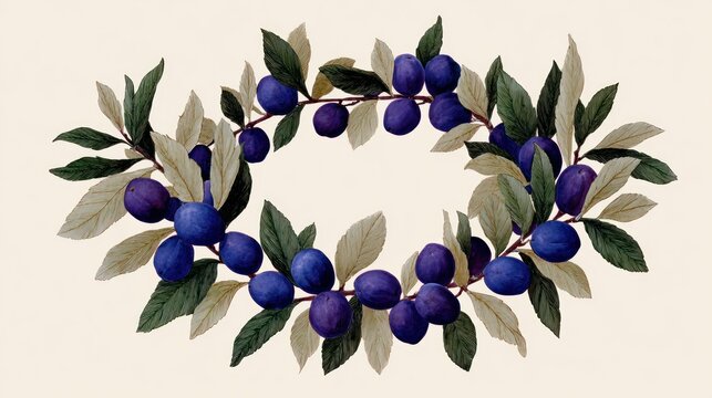 Floral wreath of plums and leaves
