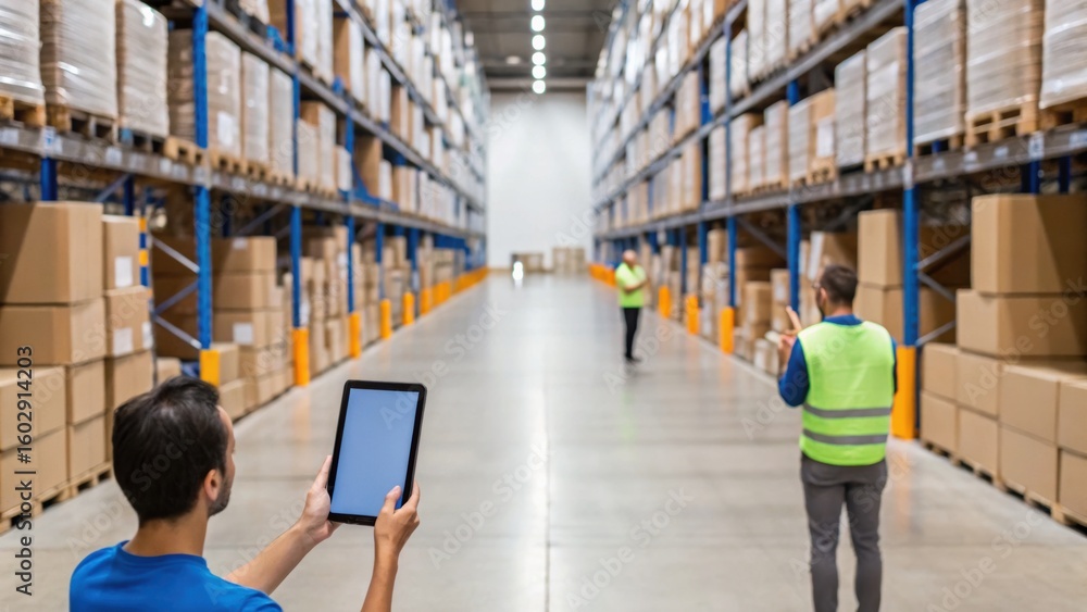 Poster warehouse scene with workers using a tablet among rows of stacked boxes and pallets, highlighting lo