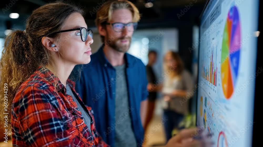 Poster closeup of a focused marketing team analyzing colorful heatmap data displayed on a digital screen du