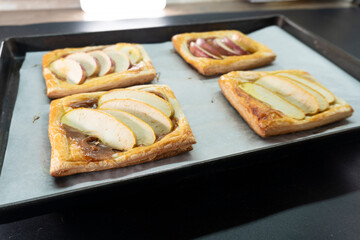Apple and caramel dessert on puff pastry. Baking. Apples and caramel
