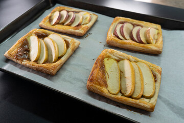 Apple and caramel dessert on puff pastry. Baking. Apples and caramel
