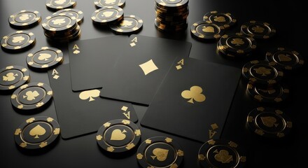 Four black ace cards and goldaccented poker chips are arranged on the dark table
