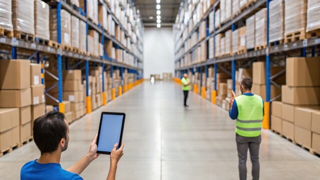 Warehouse scene with workers using a tablet among rows of stacked boxes and pallets, highlighting logistics and inventory management.
