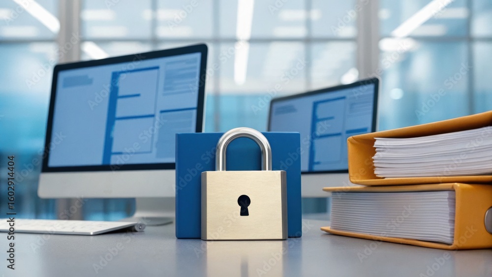 Poster a digital workspace featuring two computers, a padlock, and organized files, emphasizing security an