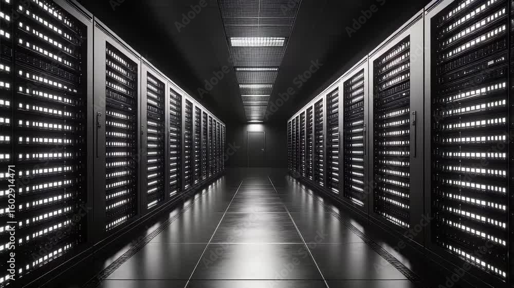 Poster server room illuminated by rows of data storage units in a modern data center environment