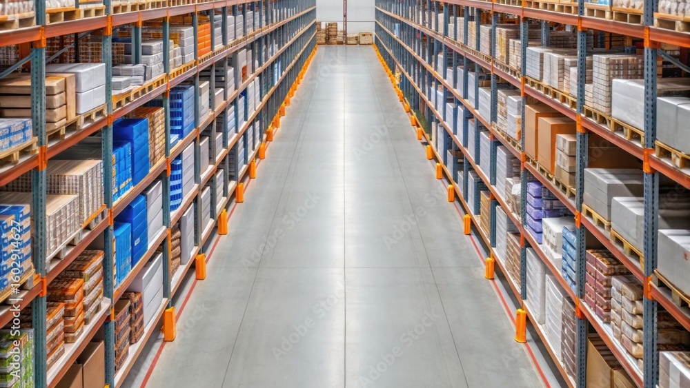 Poster warehouse aisle lined with shelves filled with various boxes and products, showcasing an organized s