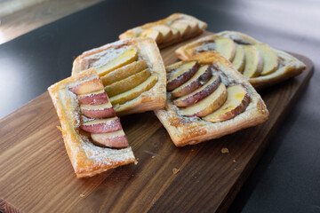Apple and caramel dessert on puff pastry. Baking. Apples and caramel