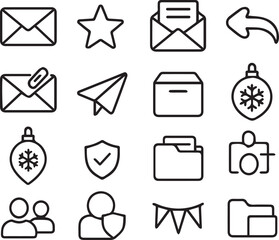 Email Communication UI Vector Icon Set  Adjustable Line Weight  Mail, message, contact, inbox, reply, attachment, send, archive, calendar, users, security, folder line art vector