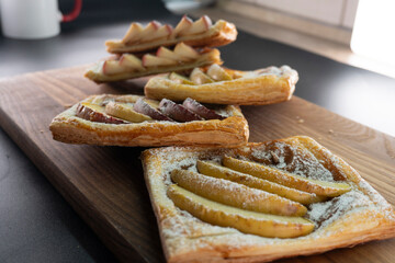 Apple and caramel dessert on puff pastry. Baking. Apples and caramel
