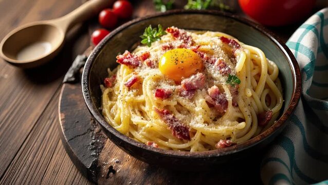 A spaghetti dish creamy carbonara with egg yolk and pancetta