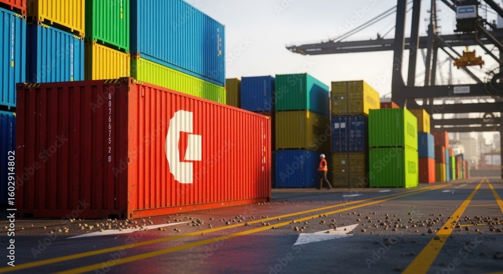 Poster closeup of vibrant intermodal containers neatly arranged on dock ground highlighting logistics opera