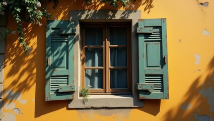 Teal shutters on a mustard-colored wall.