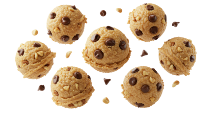Close Up Of Several Round Cookie Dough Balls With Chocolate Chips And Nuts Falling On Transparent Background