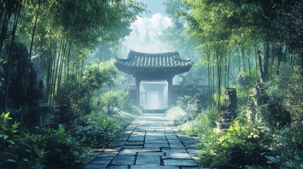 Obraz premium Stone Path Leading to Ancient Asian Gate in Lush Bamboo Forest