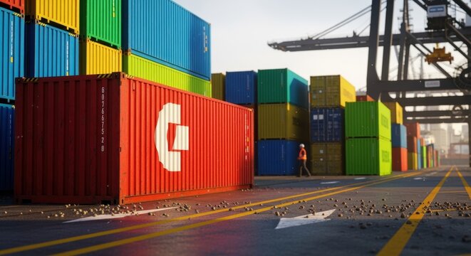 Closeup of vibrant intermodal containers neatly arranged on dock ground highlighting logistics operations.