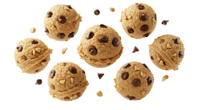 Close Up Of Several Round Cookie Dough Balls With Chocolate Chips And Nuts Falling On Transparent Background