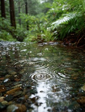 Ripples in a woodland stream during a rainfall.