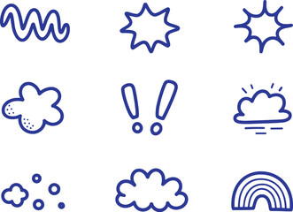 Blue doodle icons of weather and punctuation symbols collection