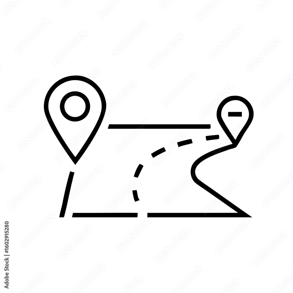 Poster black line road map with two location pins and dashed pathway