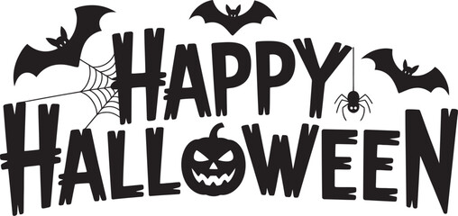 Spooky Happy Halloween Text with Bats, Spider, and Pumpkin