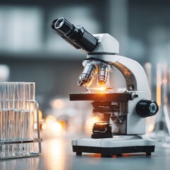 Scientific Microscope with Test Tubes and Laboratory Equipment in Focus