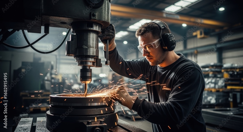 Poster focused laborer operating mechanical drill tool in largescale production workshop.