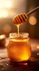 Golden honey dripping from honey dipper into glass jar with warm lighting