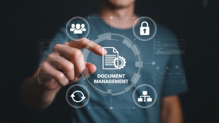 Man touches digital document management icon on virtual interface with team and padlock visible