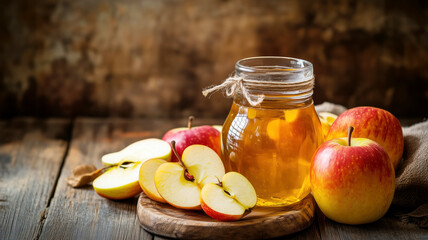 Jar of honey with fresh red apples on rustic wooden table